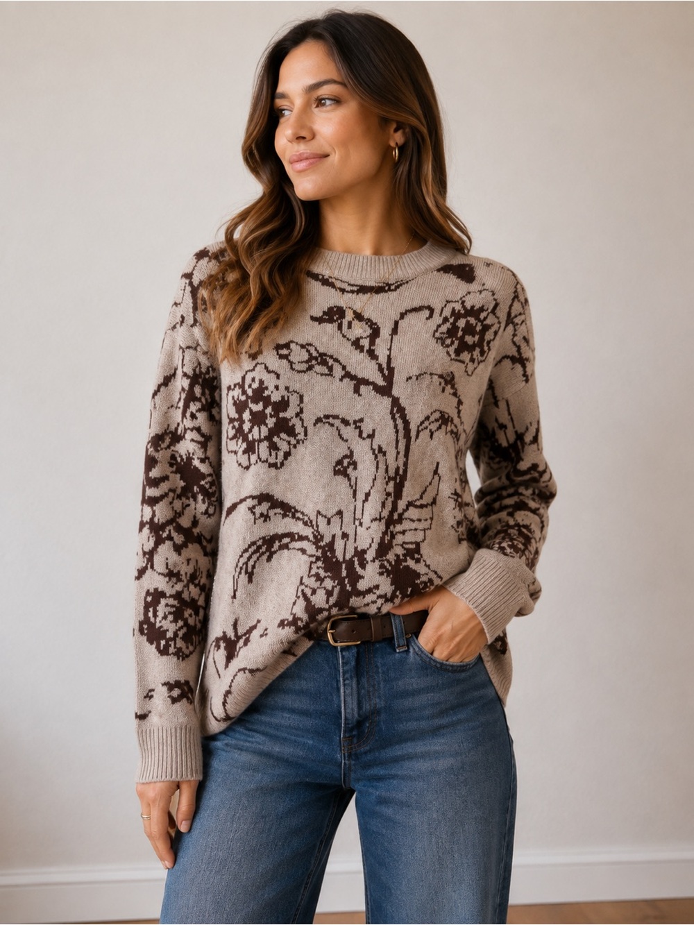 Talisman Floral Jacquard Oversized Sweater M/L Neutral Brown Cottagecore Boho Kn